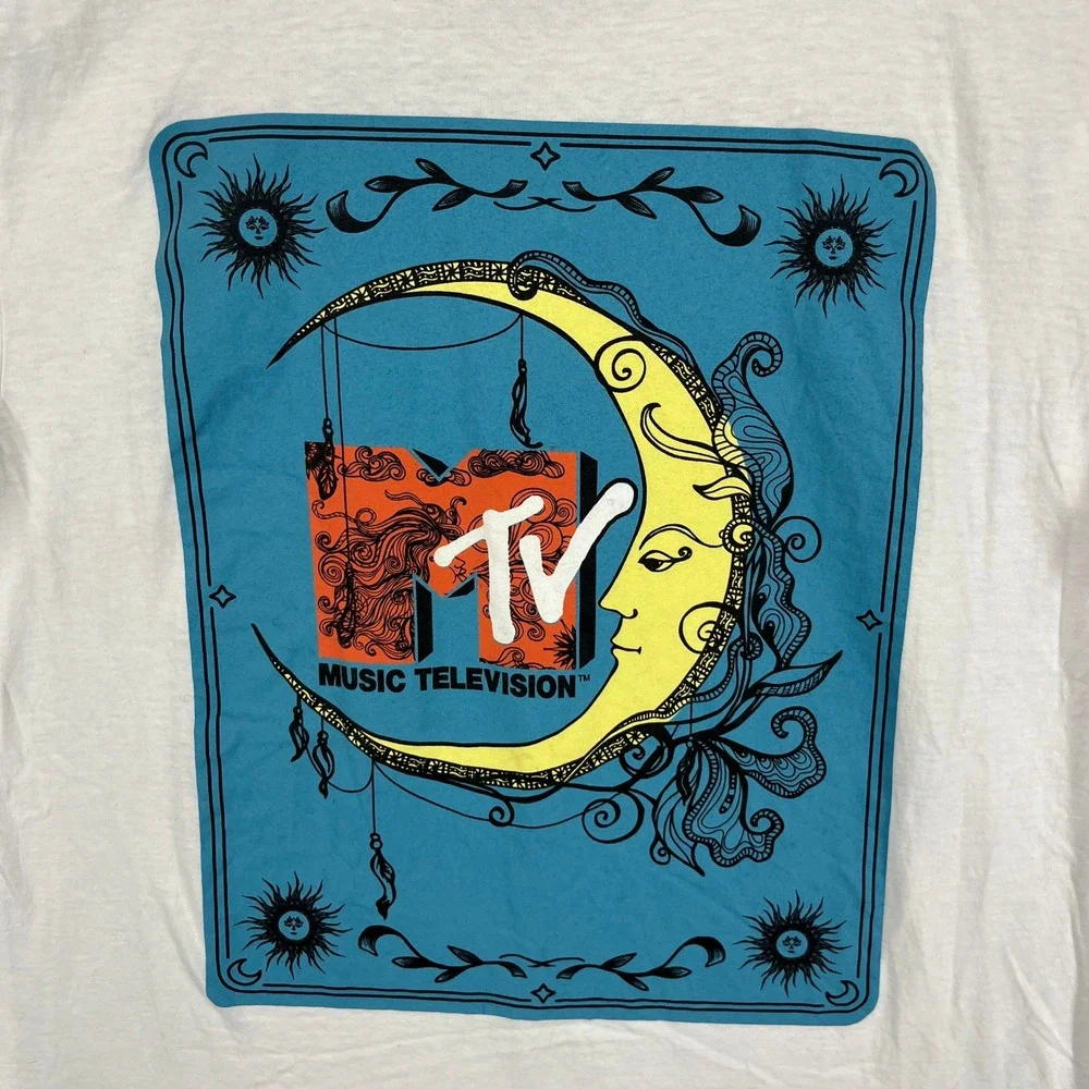 MTV Music Television Moon Face Graphic‎ T Shirt Large White Short Sleeve